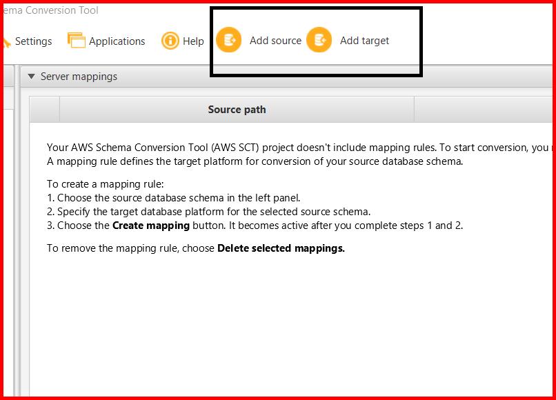 Picture showing the Add source and Add target button for adding the source and target database